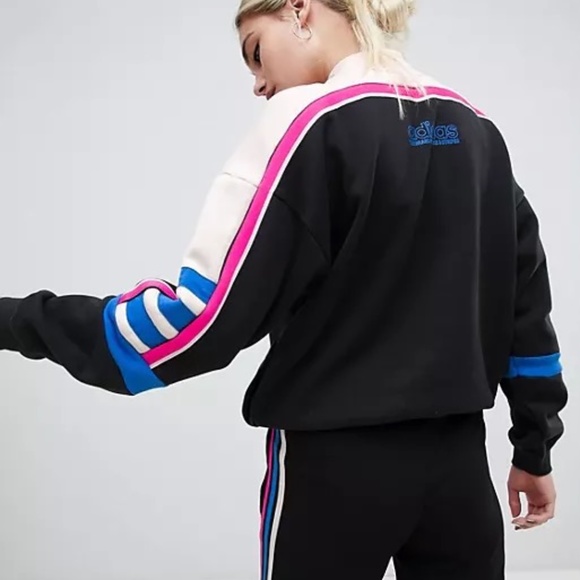 UO Adidas Originals Retro Mock Neck Colorblock Moto Racer Pullover Sweatshirt - Picture 7 of 16